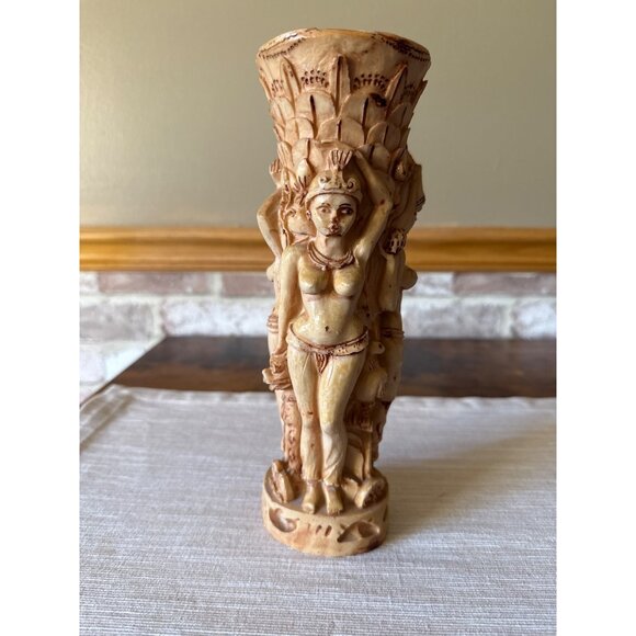 Vintage Resin Carved Vase – Exotic Temple Ladies Figurative Folk Art Decor - Picture 3 of 14